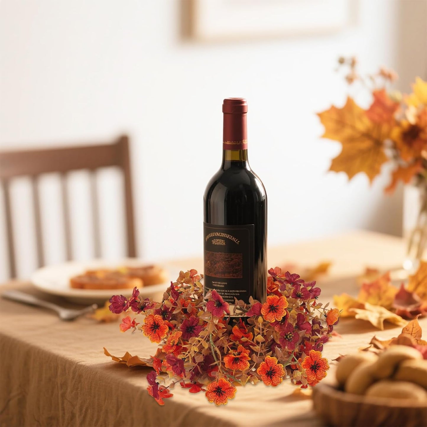 2 Pack Artificial Fall Flowers Garland, 6 FT Fall Decorations UV Resistant Fake Mums Floral Vines Faux Hanging Flower Ivy Garland for Home Party Table Wall Mantel Decor (Orange + Dark Red)