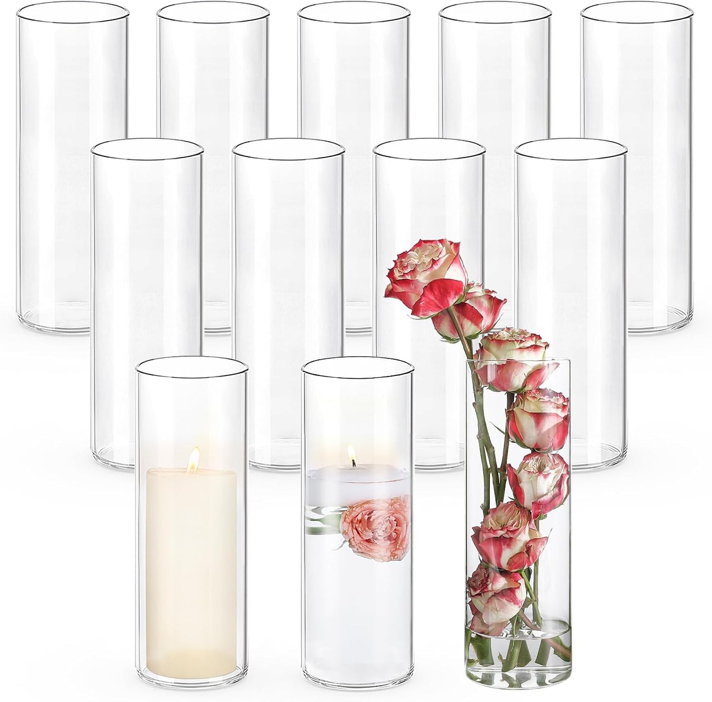 12pcs Glass Cylinder Vases for Centerpieces | 10 Inch Tall Flower Vase for Wedding Decorations, Floating Candle Holders for Dinner Table, Bridal Shower, Office Home Décor