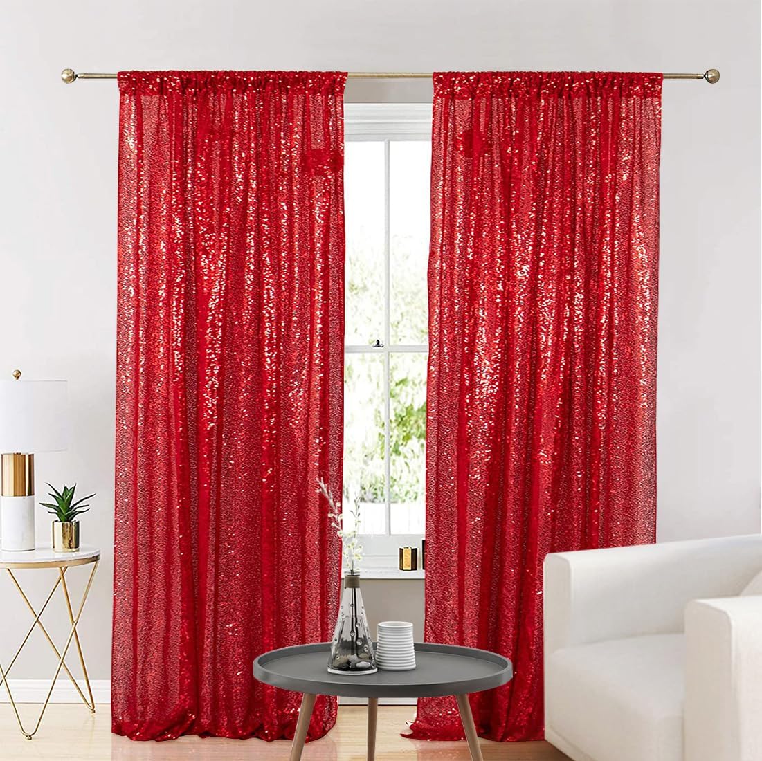 Eternal Beauty Sequin Backdrop Curtains, 2x8 Ft-2 Panels Red Back Drop for Shimmer Photography Party Wedding Birthday Decor