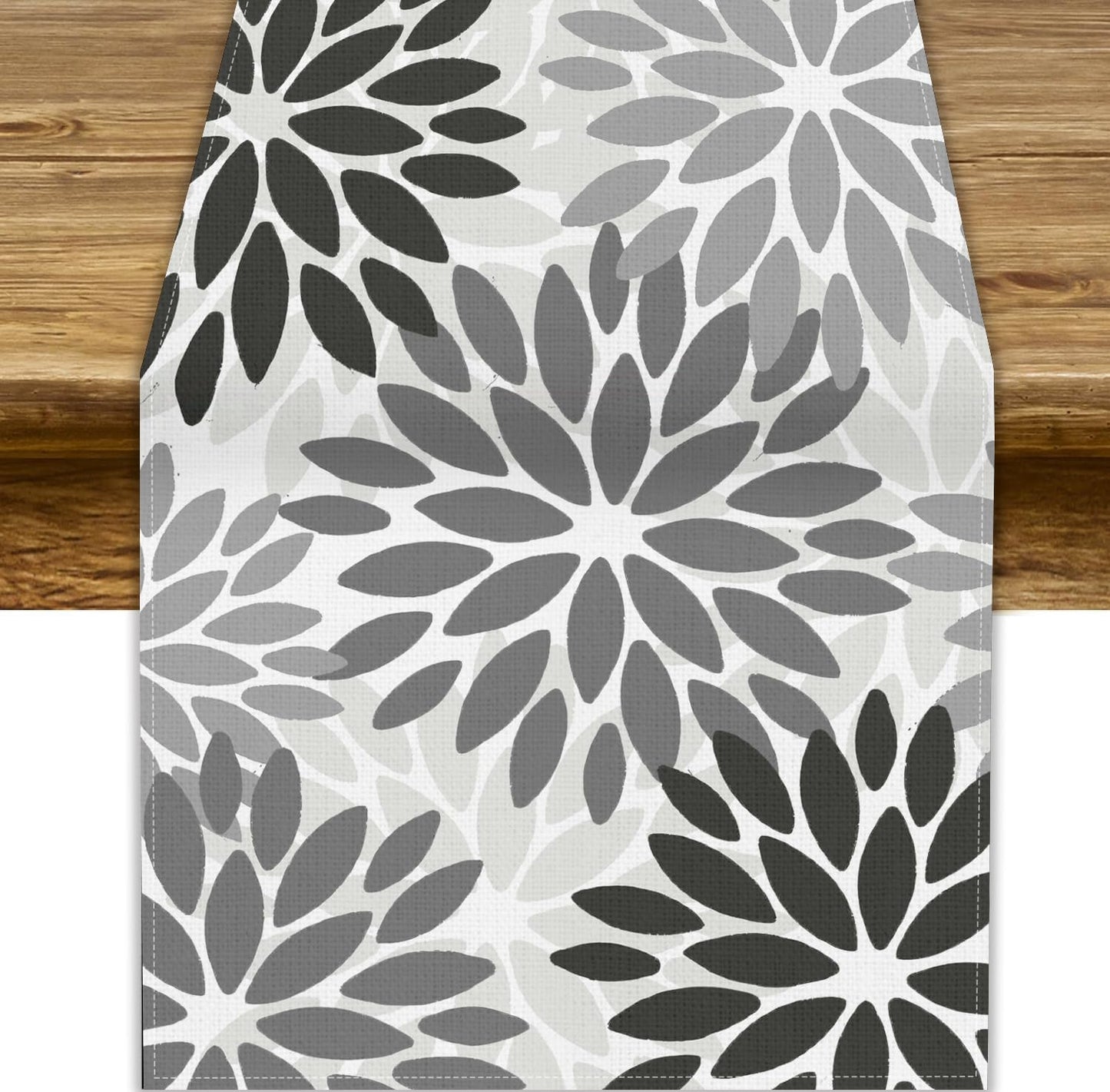 Gray Dahlia Flower Table Runner, Vintage Modern Linen Geometric Pattern Floral Table Runner Spring for Farmhouse Kitchen Dining Party Holiday Party, 13x108 Inch