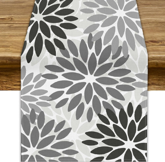 Gray Dahlia Flower Table Runner, Vintage Modern Linen Geometric Pattern Floral Table Runner Spring for Farmhouse Kitchen Dining Party Holiday Party, 13x108 Inch