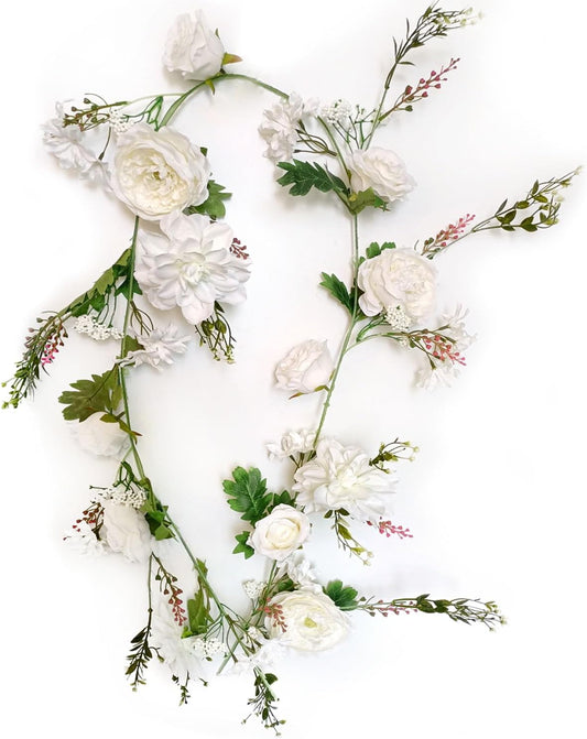 Peony Garland, Rose Flower Vine, Arch Flowers, 6' Length, Floral Garland for Decor Home Table Runner Mantle Decoration (Ivory Peony Garland)