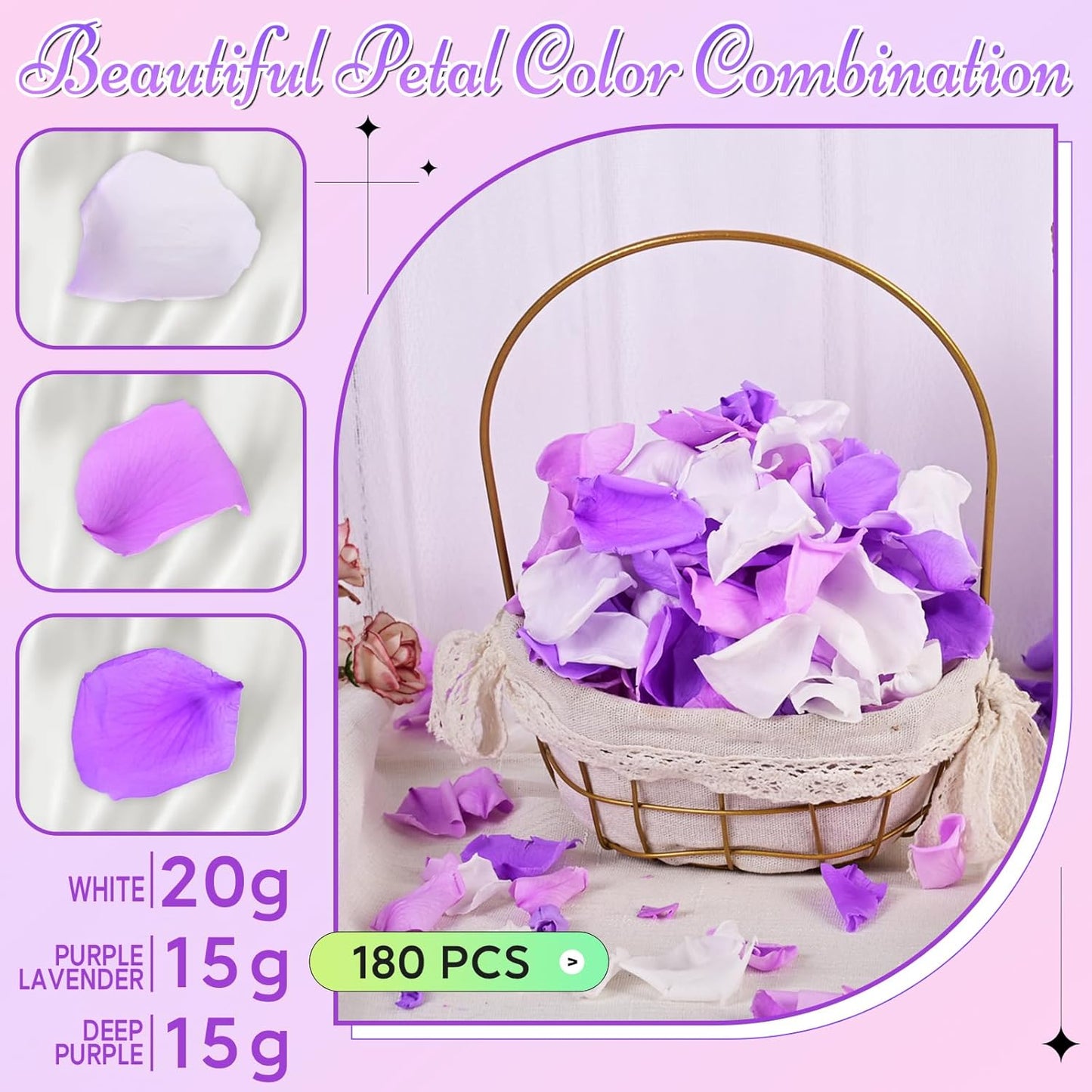 180 PCS Real Purple White Rose Petals for Wedding Flower Girl to Throw, 1.75oz Mixed Fresh Dried Rose Petal for Proposal Centerpieces Valentine's Day Romantic Night Decor