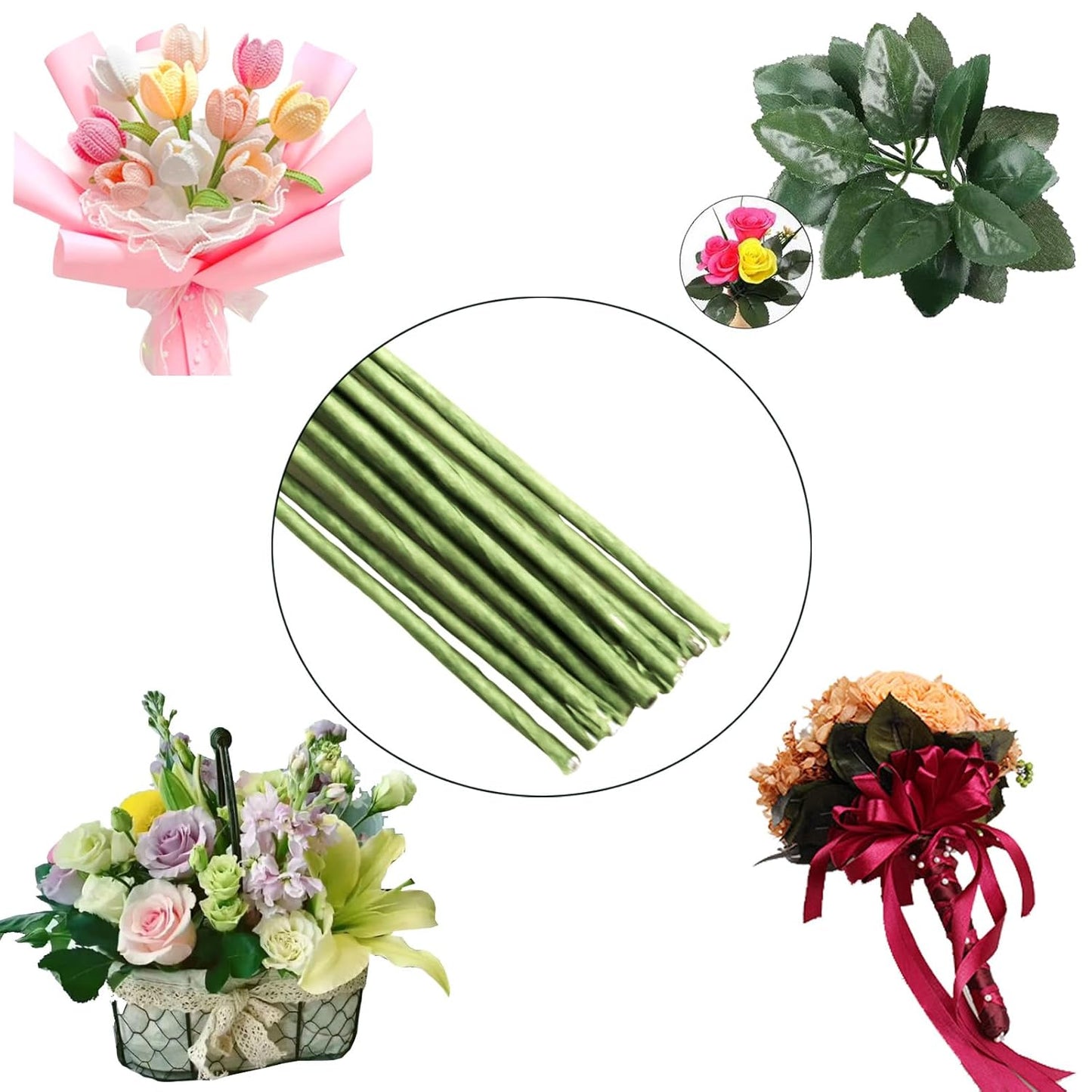 16-inch Green Paper Wrapped Flower Stems for Wedding Bouquets, DIY Floral Arrangements (Pack of 100) 16 Gauge Party Decoration Paper Flower Sticks