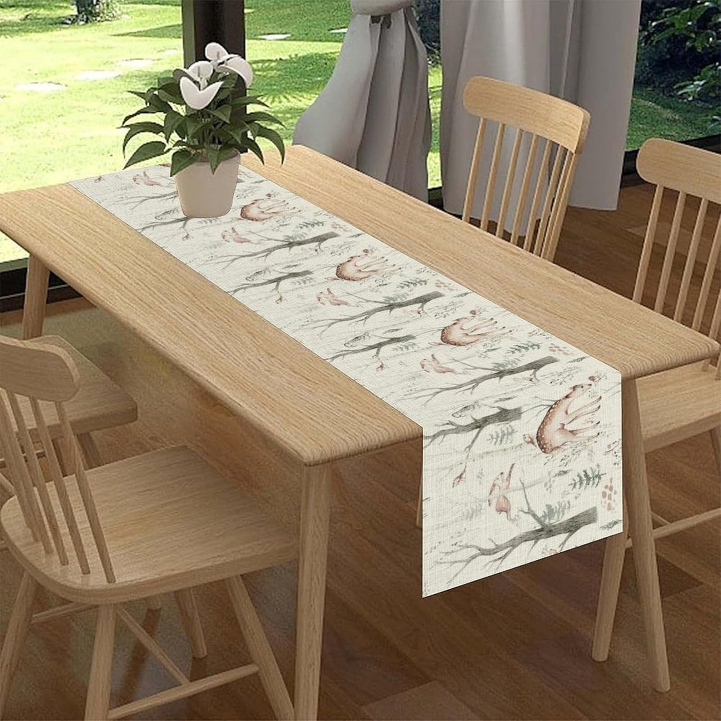 Rustic Forest Table Runner, Farmhouse Wild Woodland Animals Country Fox Rabbits Mushroom Botanical Green Table Center Decor for Home Kitchen Dining Patio Holiday Party, 13"x108" Inch