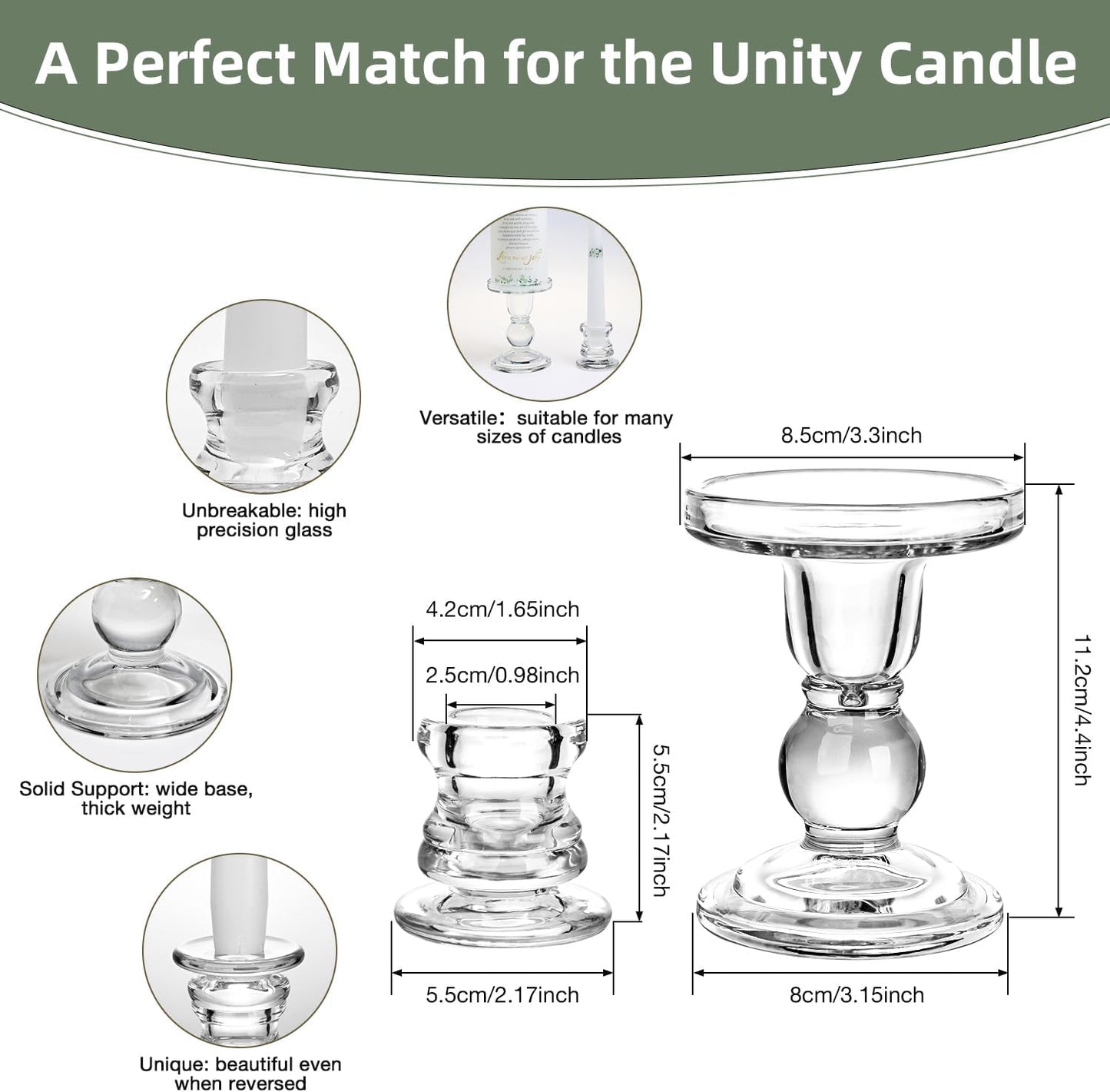 Extrogif 3 Unity Wedding Candles Set with Candle Holder for Ceremony Set, Glass Candlesticks and Pillar Taper Candles - Catholic Bible Religious Weddings Accessories