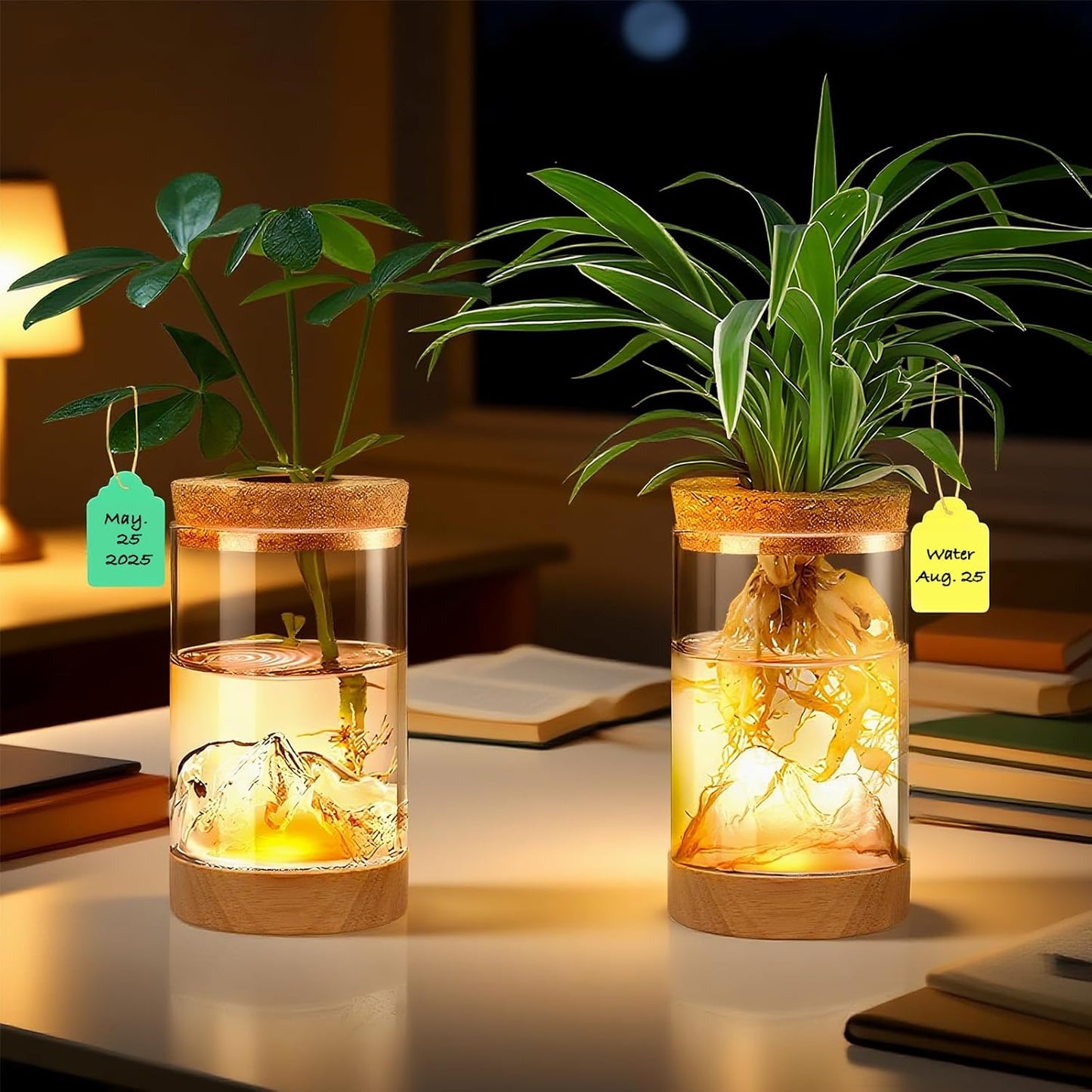 2Pcs Plant Propagation Station with Mountain-Shaped Bottom - Hydroponic Glass Vases, Wooden Base with Lighting, Terrarium Jars for Indoor Growing, Desktop Vivarium, Ideal Gifts for Plant Lovers