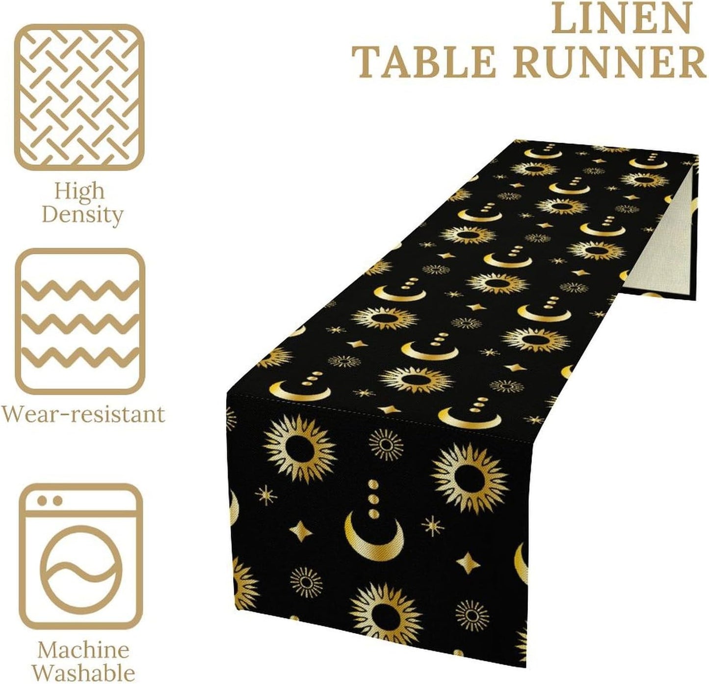 Magic Gold Sun Moon Stars Table Runner Mystical Farmhouse Rustic TableRunner for Party Holiday Dining Room Kitchen 13x60 Inch