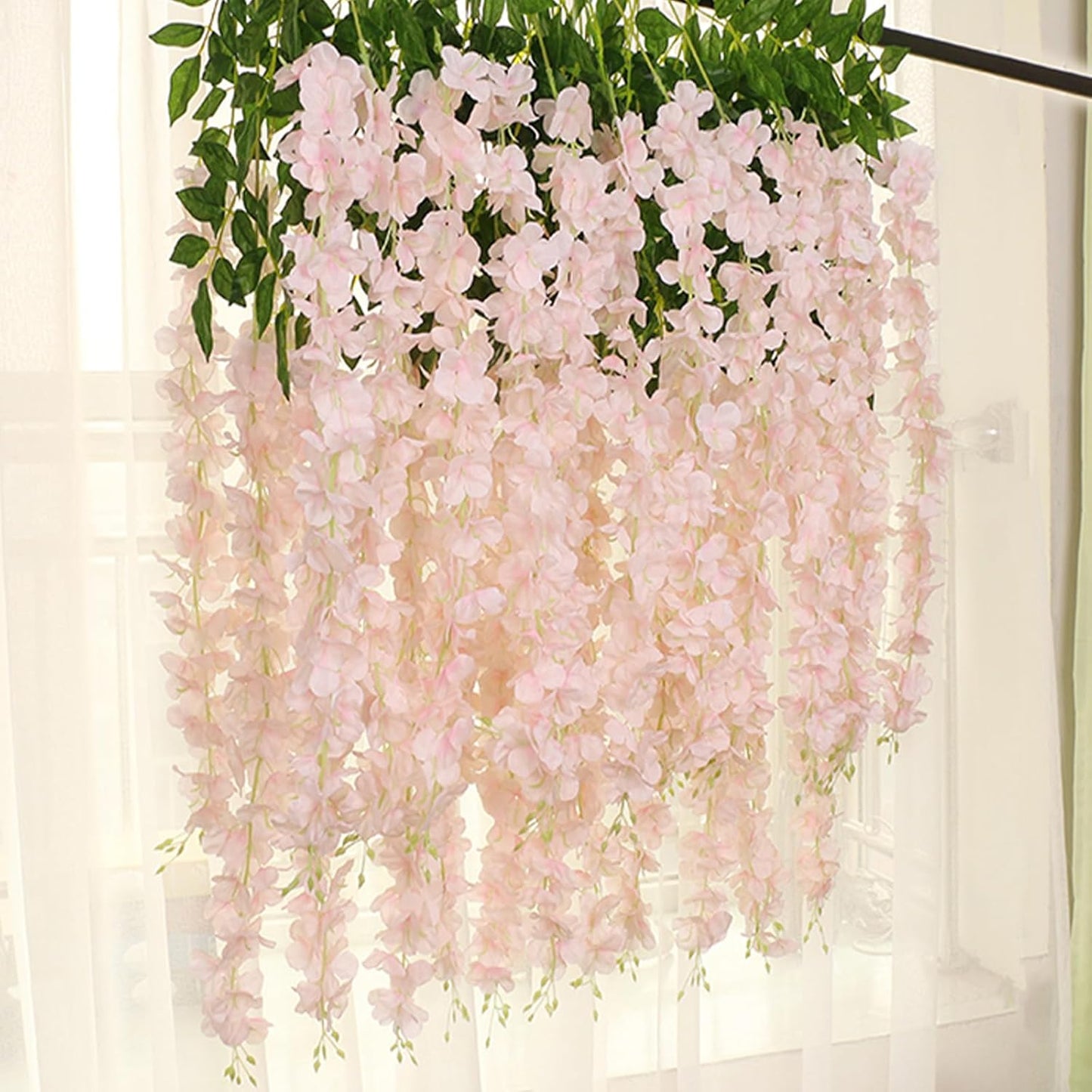 24 Pack Light Pink Wisteria Hanging Flowers Garland, 3.77 Feet Artificial Flower Vines, Fake Wisteria, Artificial Vines Hanging Garland for Backdrop Outdoor Yard Garden Decor