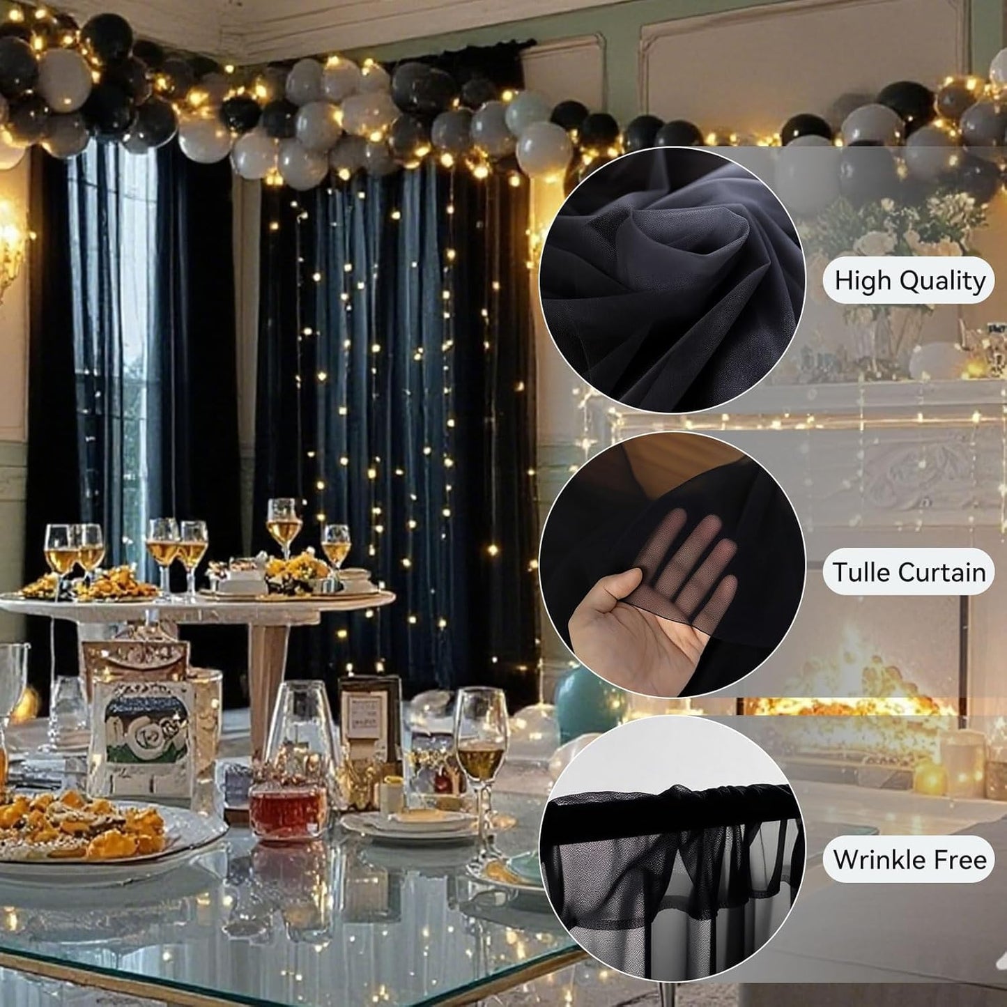 Ledido 10×8ft Tulle Backdrop Curtains with Lights String - 300LED Fairy Lights Sheer Curtain Backdrop for Weddings Baby Shower and Birthday Party Decorations(4 Panels 5×8ft)