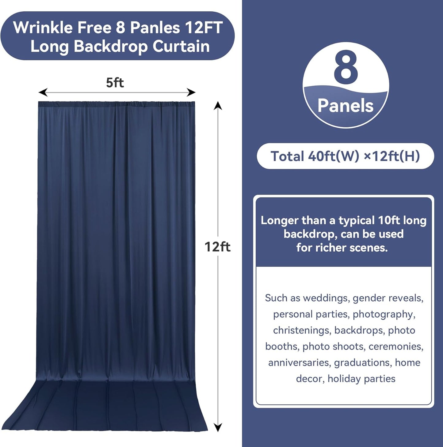 40ftx12ft Wrinkle Free Navy Blue Backdrop Curtain, 8 Panels 12FT Height Navy Blue Wedding Backdrop Drapes, Silky Polyester Back Drop Cloth for Birthday Photography Background Party Backdrop Draping
