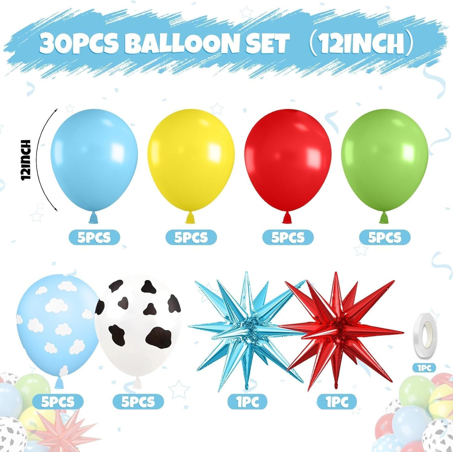 Red Blue Yellow Balloons, 12 Inch Cow Pattern Cloud Light Blue Yellow Red Fruit Green Balloons with Star Foil Balloon for Boys Girls Baby Shower Party Birthday Decorations