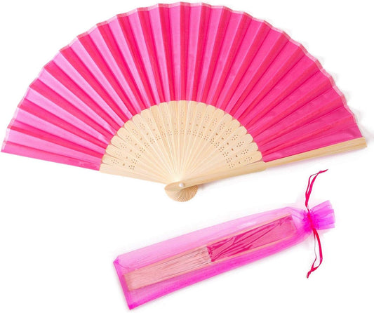 24pcs Imitated Silk Hand Fan Imitated Silk Fabric Bamboo Handheld Folded Fan Bridal Dancing Props Church Wedding Party Favors with Organza Bags (Hot Pink)