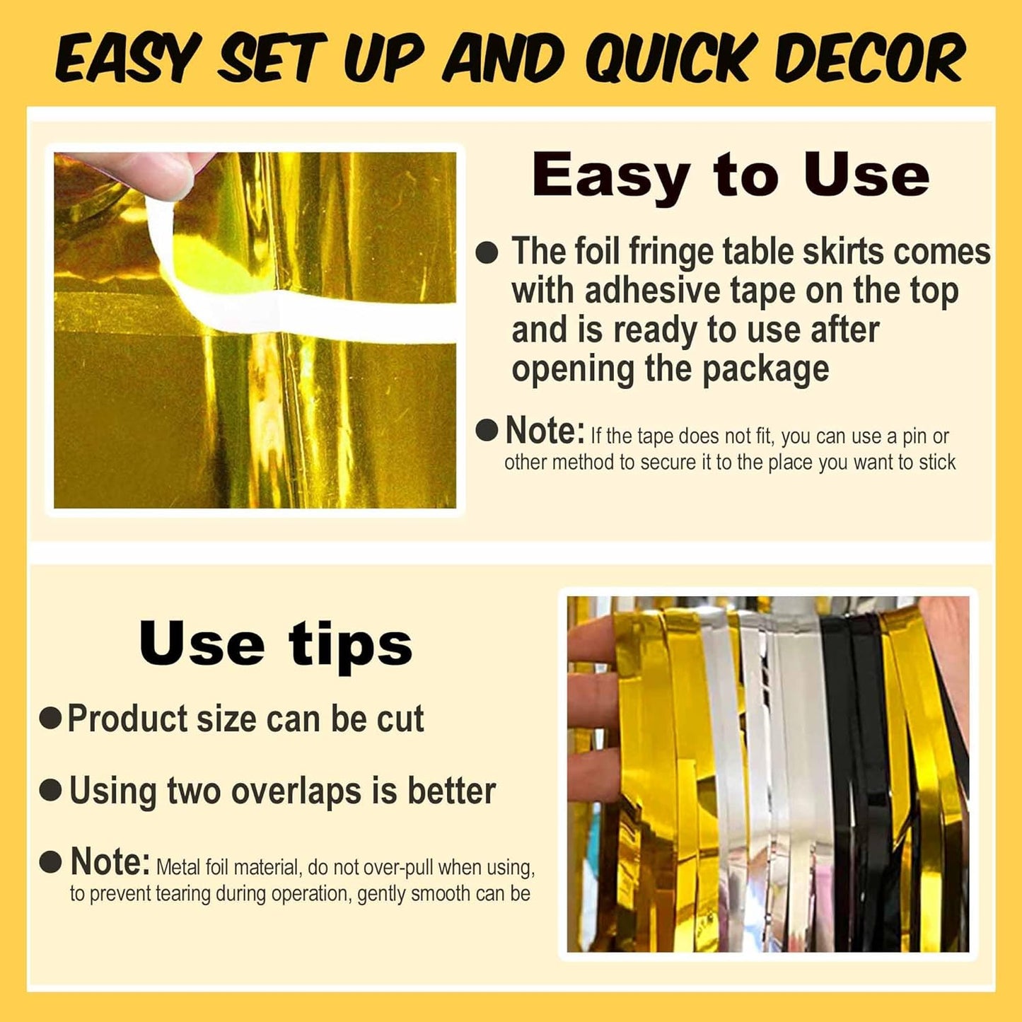 3 Pack 29 x108 Inch Black Gold Silver Foil Fringe Table Skirts Metallic Banner for Tinsel Streamer Garland Backdrop for Parade Floats Mother's Day, Graduate, Birthday, Wedding Party Decoration