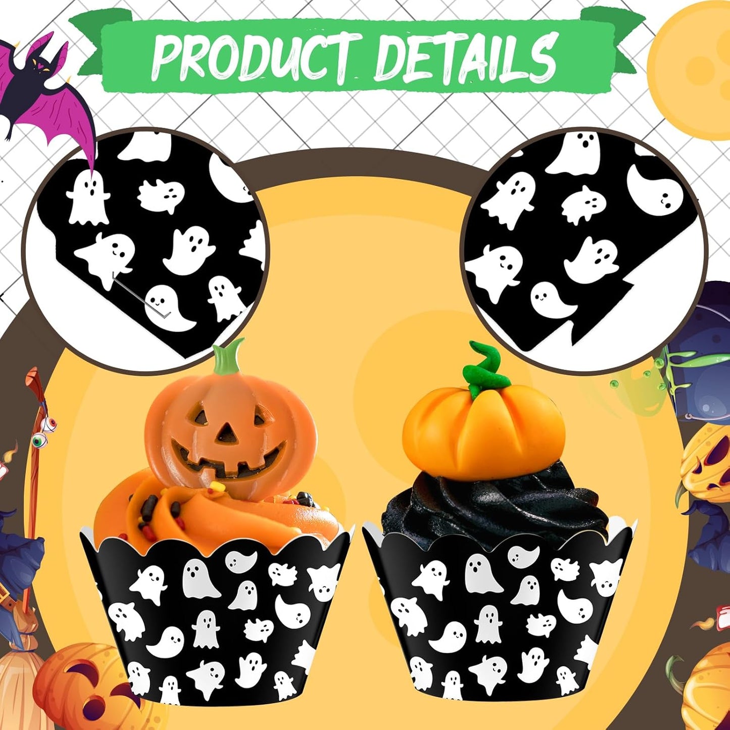 Domensi 100 Pcs Halloween Ghost Cupcake Wrappers Cupcake Liners Ghost Baking Cups Baking Liners for Wedding Bridal Baby Shower Birthday Halloween Party Supplies Dessert Decoration