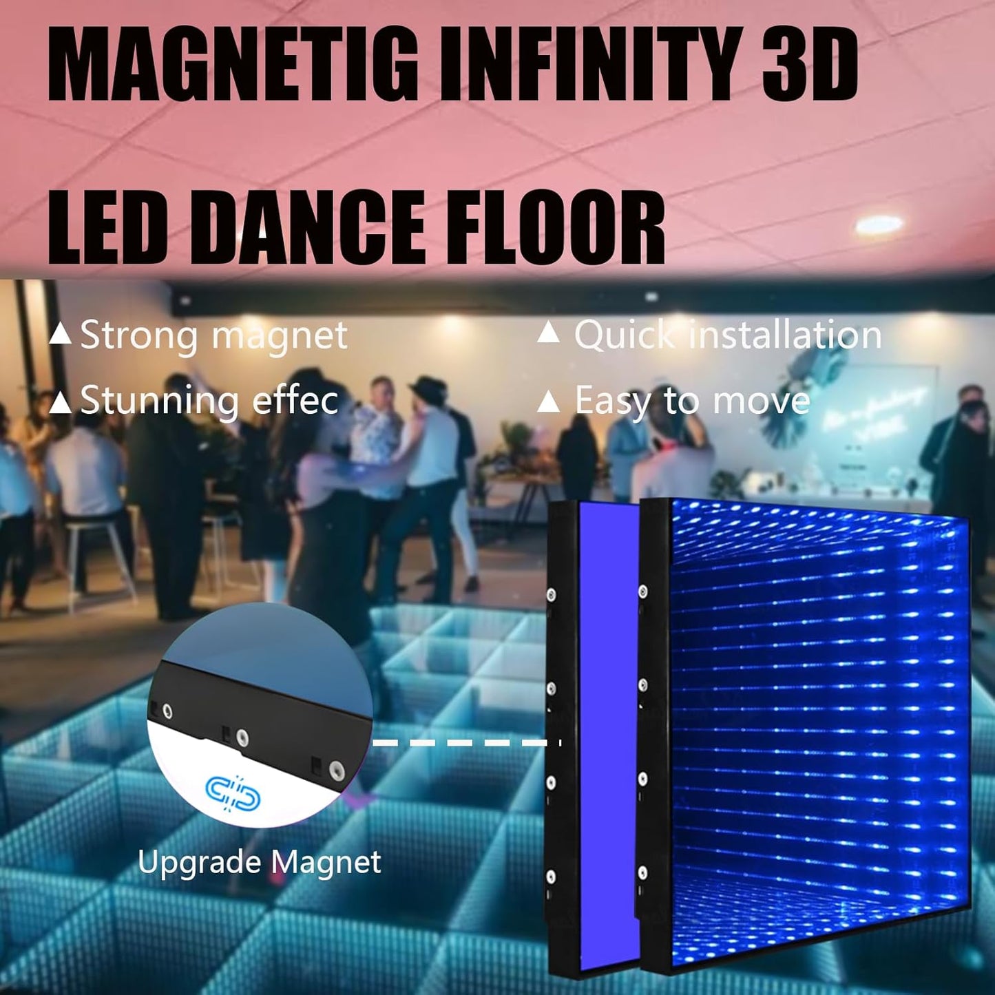 Dance Floor Stage Lights Tempered Glass Infinity Mirror Panel 3D Effect Led Dance Floor for Wedding Party Customizable (3D+RGB-Magnetic, 64PCS(13.1fFTX13.1FT))