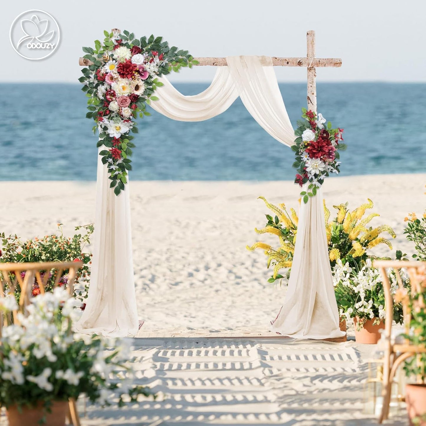 Wedding Arch Flowers Kit,Artificial Flower Arch Decor (Set of 3),2pcs Artificial Flower Arrangement with 1pc Sheer Drape for Wedding Decor Reception Backdrop Floral Decorations (Wine Red)