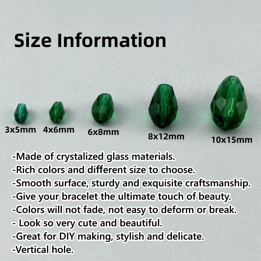 130pcs 6x8mm Teardrop Crystal Glass Beads for Jewelry Making, Faceted Vertical Hole Teardrop Glass Spacer Beads for Wind Chimes Bracelet Earring Necklace DIY Craft(Peacock Green)