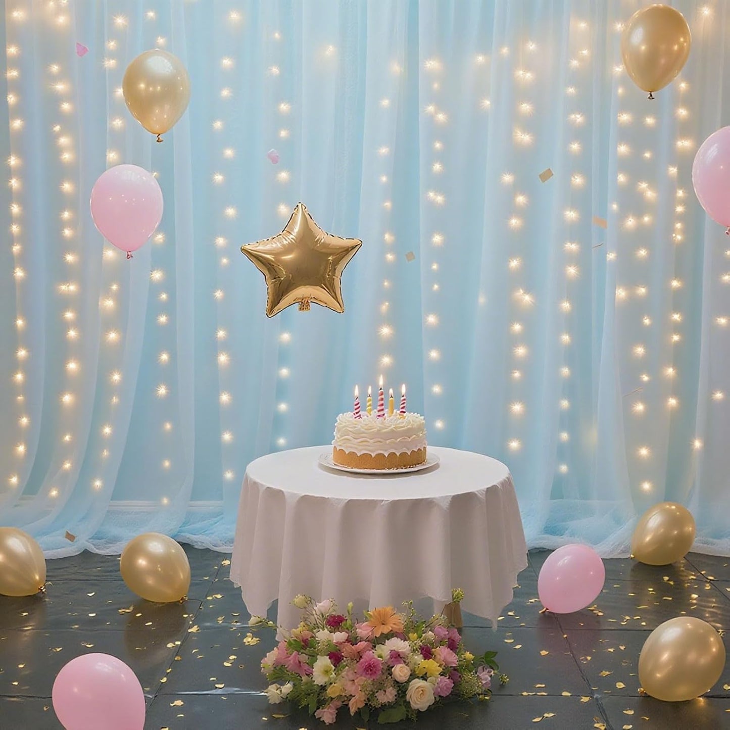 10×8ft Tulle Backdrop Curtains with Lights String - 300LED Fairy Lights Sheer Curtain Backdrop for Weddings Baby Shower and Birthday Party Decorations(6 Panels 5×8ft)