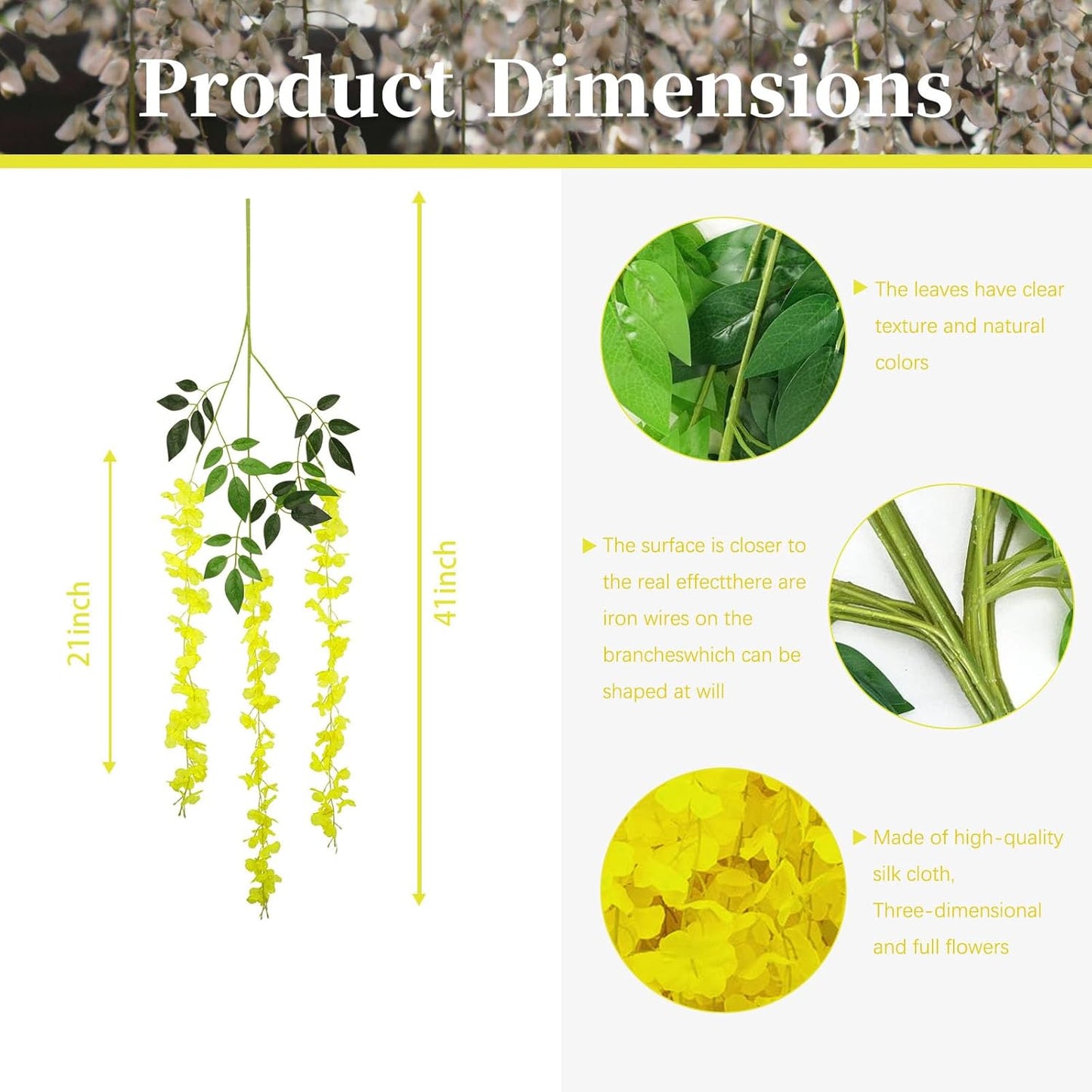 12 Pack Yellow Wisteria Hanging Flowers, 3.44 Ft Fake Hanging Flowers, Artificial Wisteria Garland Vines for Wedding Room Backdrop Outdoor Patio Garden Decoration