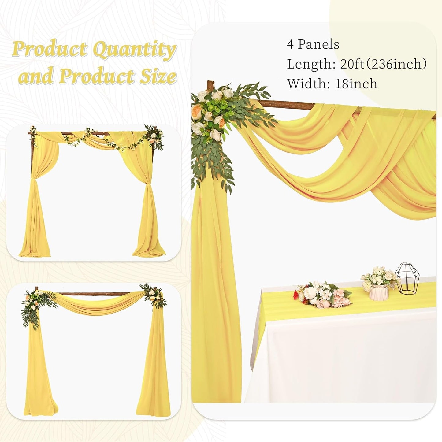 4 Panels Wedding Arch Draping Fabric 28" x 20Ft Curtain Backdrop Wedding Arch Drapes Chiffon Fabric Drape Sheer for Nuptials Party Baby Shower Ceremony Arbor Drapery Reception Ceiling Decor(Yellow)