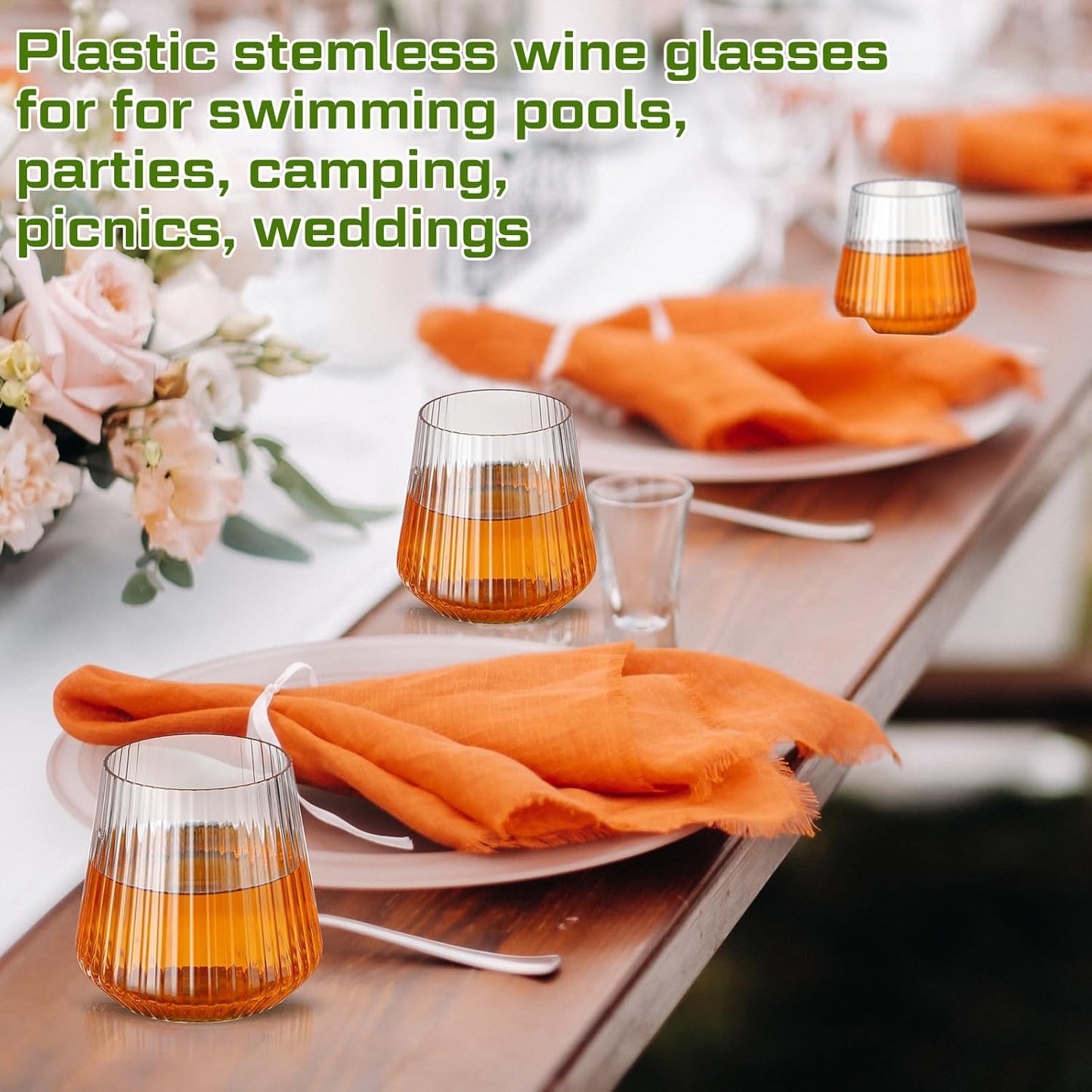 Suclain 60 Pcs Plastic Wine Glasses Ribbed Stemless Wine Glasses 14oz Vertical Design Unbreakable Cups for Outdoor Indoor Vintage Elegant Champagne Whiskey Glasses for Christmas Party Wedding (Clear)