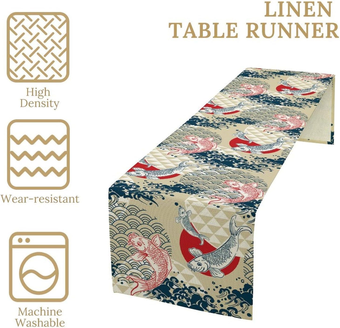 Japanese Table Runner Oriental Tradition Kio Fish Art Printed Burlap Runner Home Kitchen Dining Table Living Room Decor Fabric 1 Panel W13xL70in