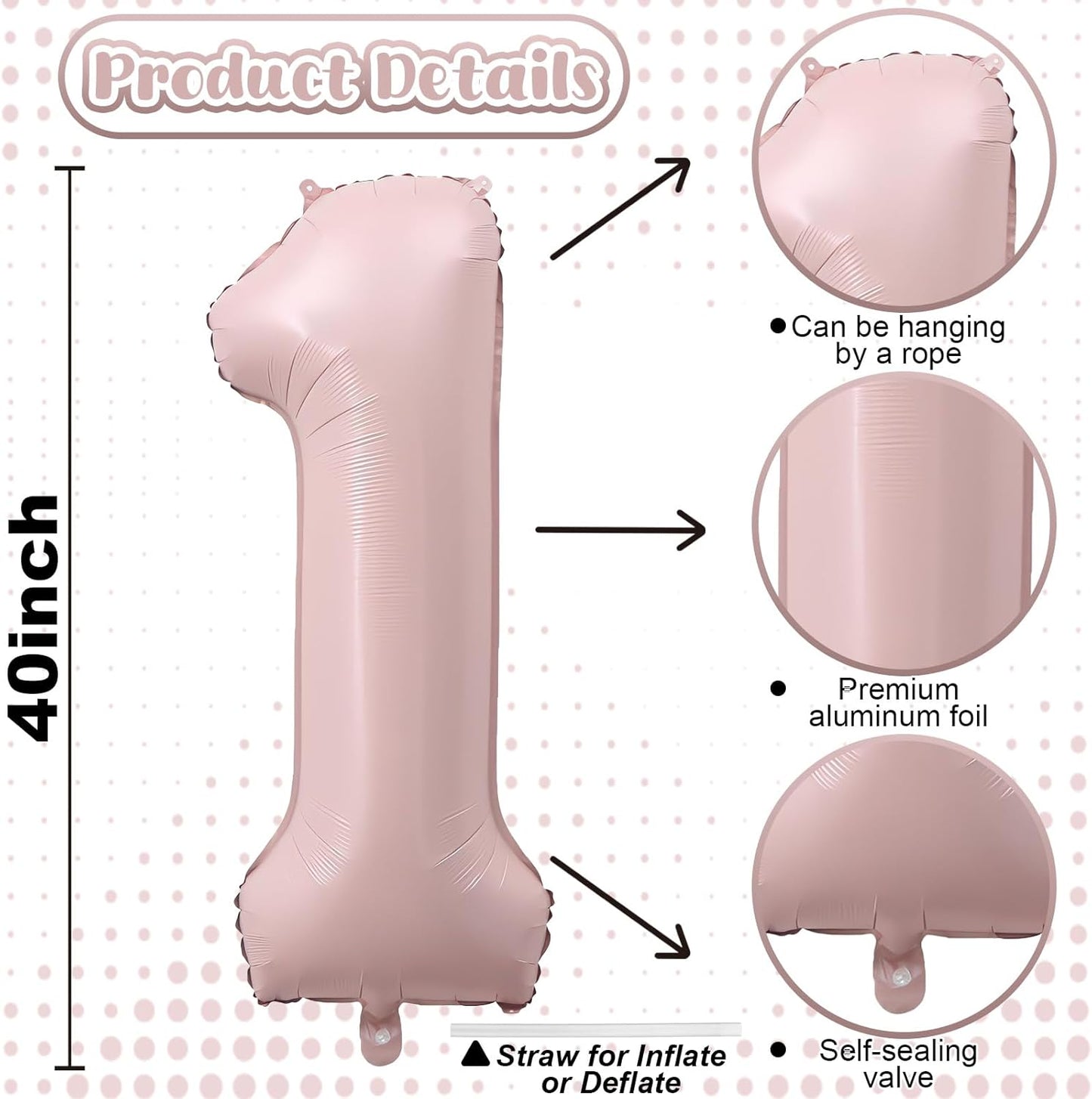 Pink 1 Balloons, 40 Inch Dusty Retro Light Pink Helium Foil Number 1 Balloon Girls, Self Inflating 1st Birthday Balloon One for Boho Anniversary Baby Shower Coquette First Birthday Party Decorations