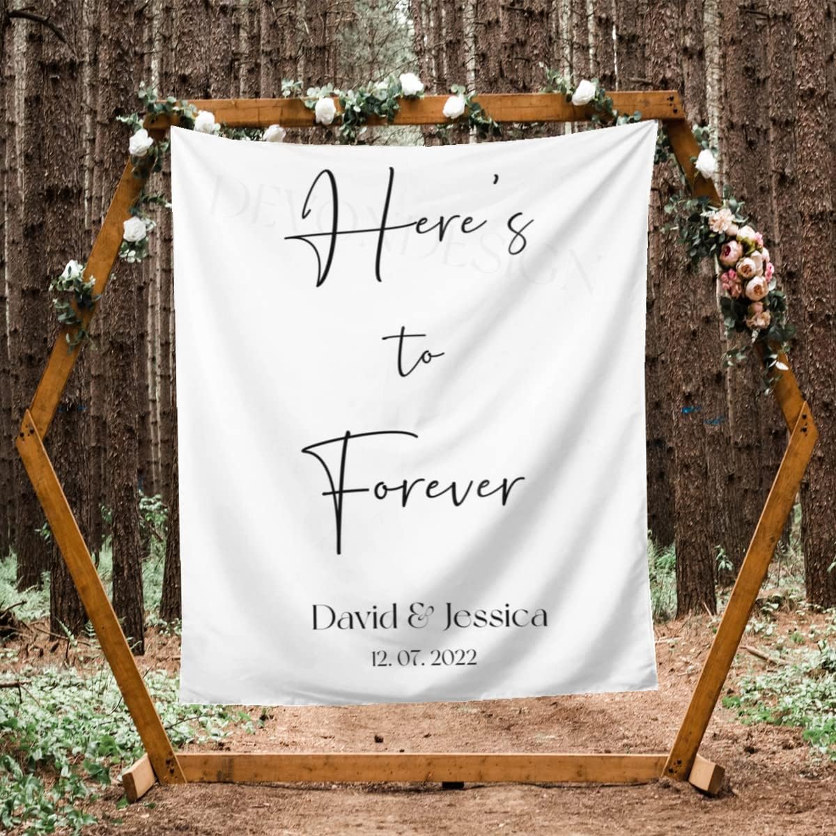 Here's to Forever Rustic Backdrop, Custom Tapestry with Names and Date, Personalized Calligraphy Banner for Ceremony, Reception Backdrop, Wedding Arch