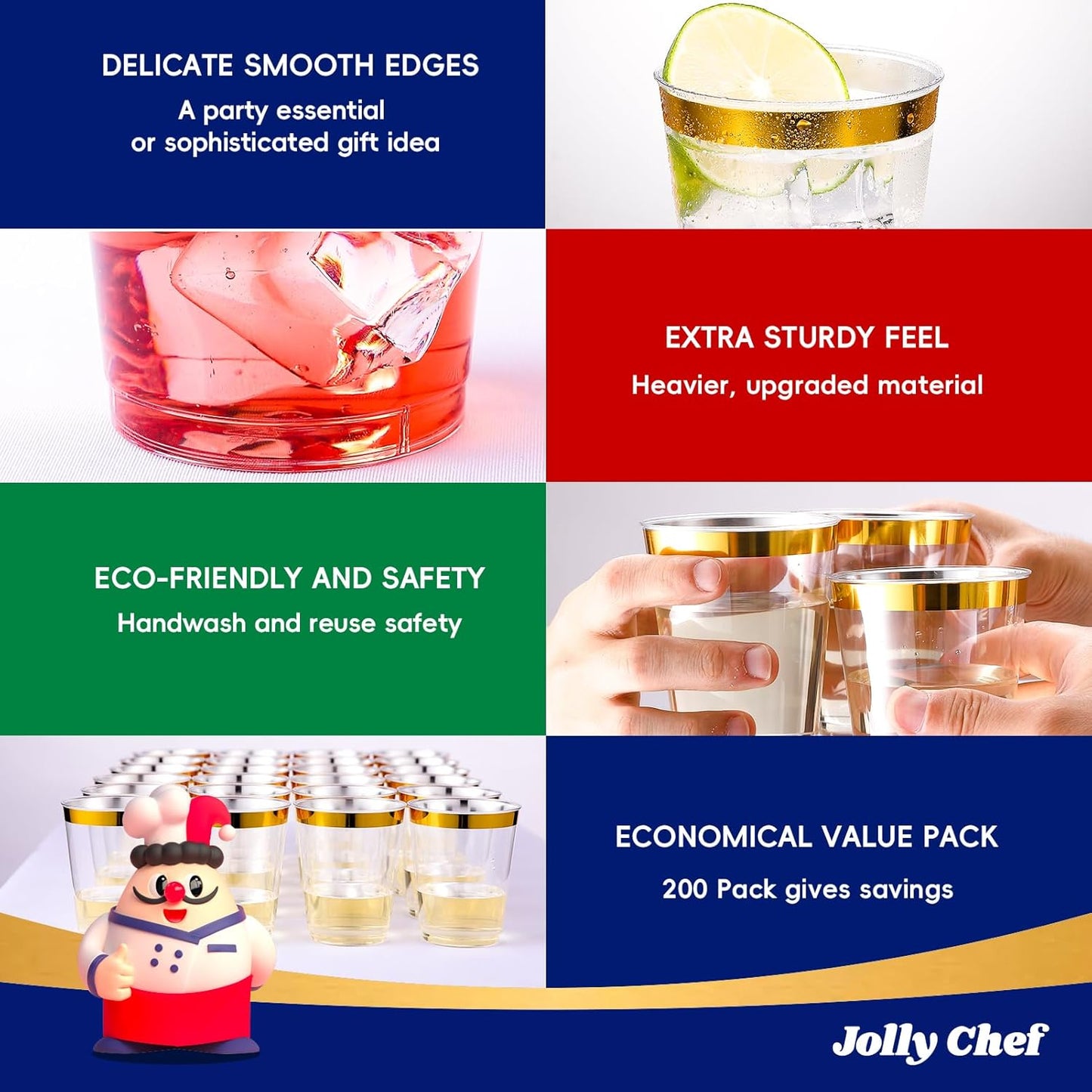 JOLLY CHEF 200 Pack 10 oz Gold Plastic Cups Elegant Gold Rimmed Disposable Cups Heavy-Duty Party Cups for Wedding & Party