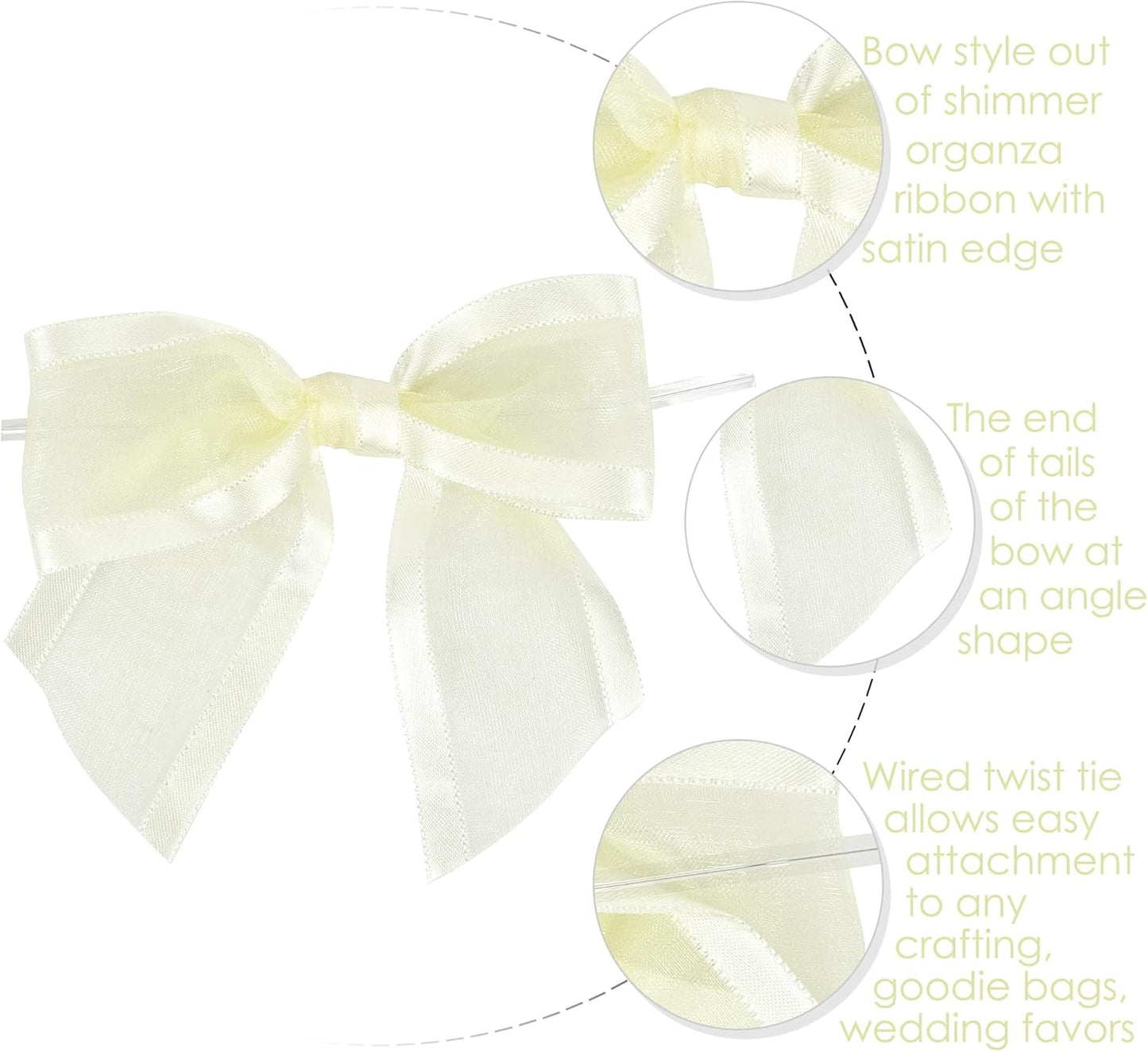 AIMUDI Ivory Bows for Weddings 4" Organza Bows Premade Twist Ties Bows for Gift Wrapping Crafts Treat Bags Baskets Cake Pop Baby Shower Birthday Decor - 12 Counts