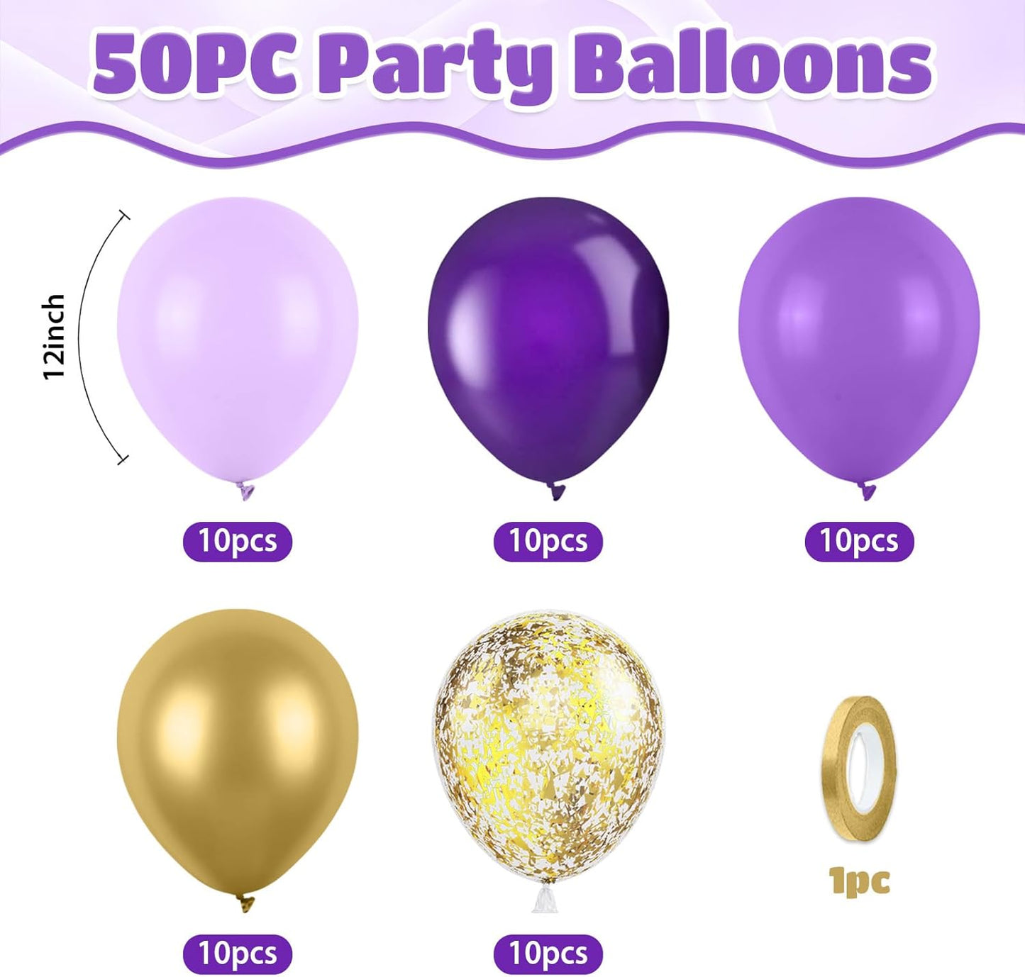 Purple and Gold Balloons, 50pcs Dark Purple Gold Balloons, Macaron Metallic Confetti Balloons For Birthday Baby Shower Graduation Anniversary New Year Retirement Engagement Party Wedding Decorations