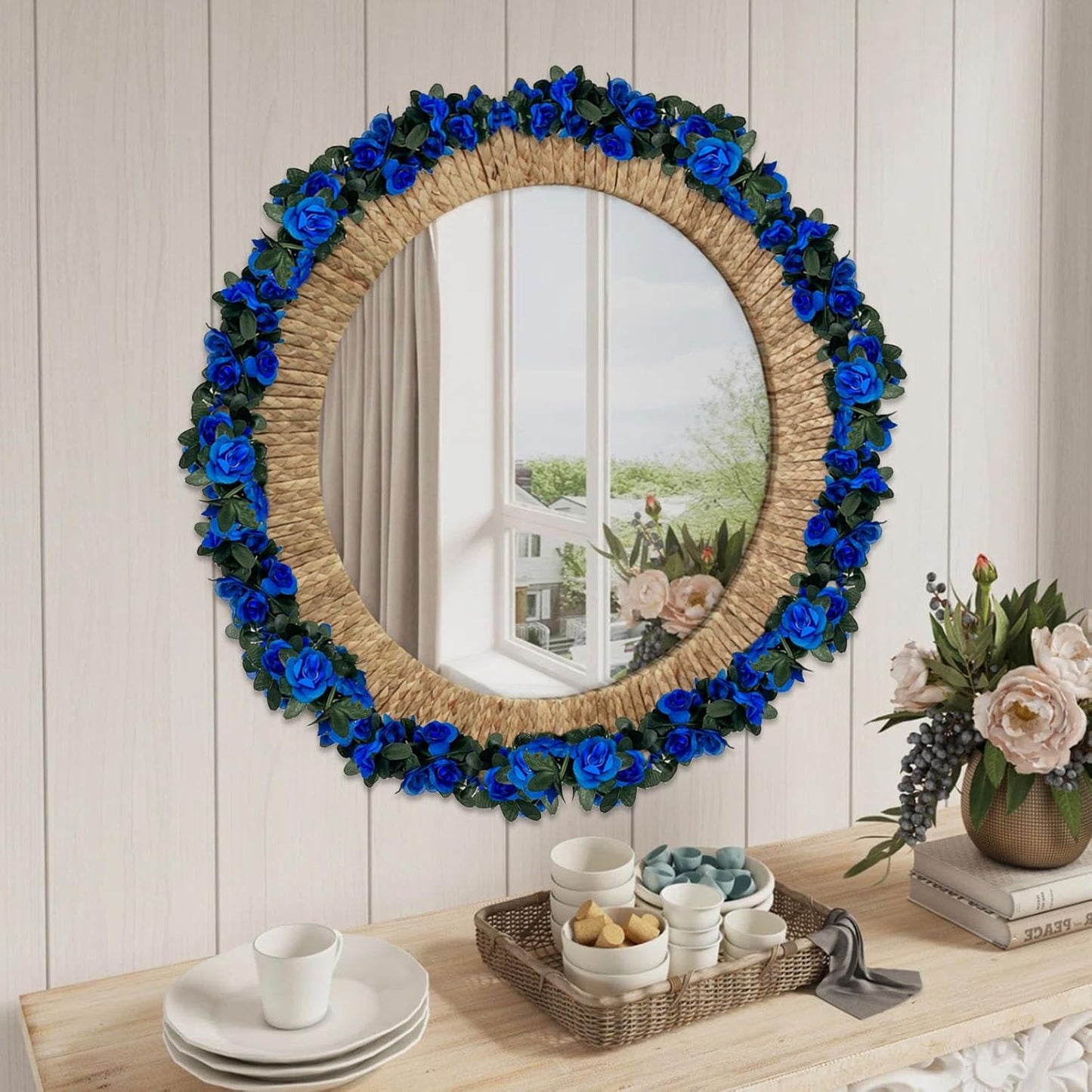 8Pcs 63Ft Royal Blue Rose Garland, Fake Rose Hanging Flowers, Artificial Flower Vine, Hanging Floral Vine Garland for Wedding, Birthday Party, Wall Arch, Halloween, Christmas Garden Backdrop Decor