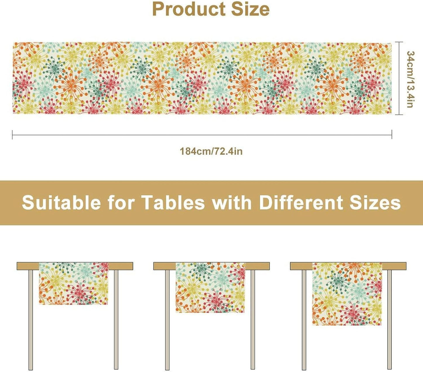 Mid Century Flower Table Runner, Colorful Geometric Abstract Chrysanthemum Vintage Farmhouse Decorations Orange Yellow Gray Table Runner for Kitchen Dining Holiday Party Decor, 13x120 Inch