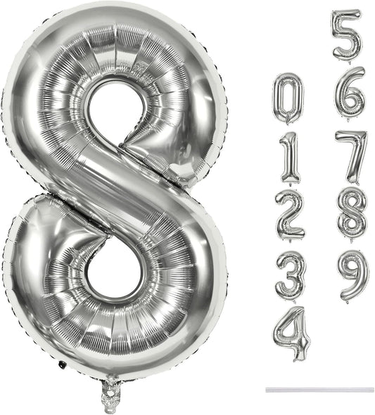 Silver Foil Balloon Number 8 for Boys, 40'' Giant Self Inflating Number Balloons Set 0-9 for Girls, Large Number 8 Helium Balloon for Women Men 8th Birthday Anniversary Party Decorations Supplies