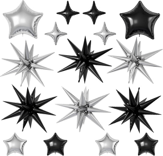 16 Pcs Black Silver Star Balloons,22/18/10 Inch Foil Balloons, Four-Pointed Balloon for Birthday Graduation Anniversary Wedding Baby Shower Party Decorations