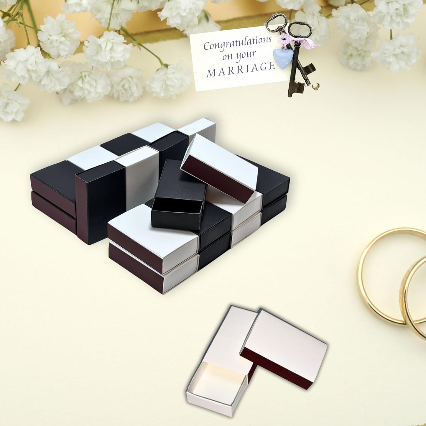 60pcs Blank Match Boxes, 2.25x1.42x0.59in Bulk White and Black Matchboxes DIY Plain Storage Containers Holders Double-Sided Striker Wedding Bridal Baby Shower Birthday Party Favor, No Matches Included