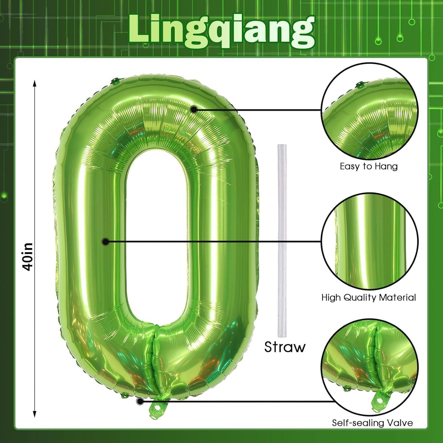 40 Inch Green Large Number Balloons Set 0-9, Self Inflate Foil Number 0 Helium Balloons for Boys Girls, Big Digit 0 Balloons for Women Men Jungle Safari Birthday Party Anniversary Supplies Decorations