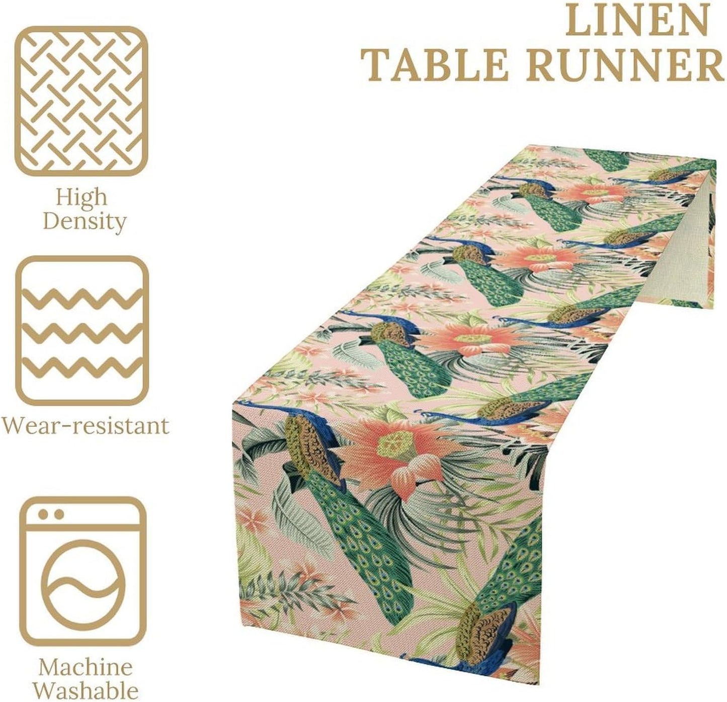 Peacock Table Runner,Pink Flower Peacock Birds Table Runner for Home Kitchen Dining Party Indoor Outdoor Decoration 13x108 Inch