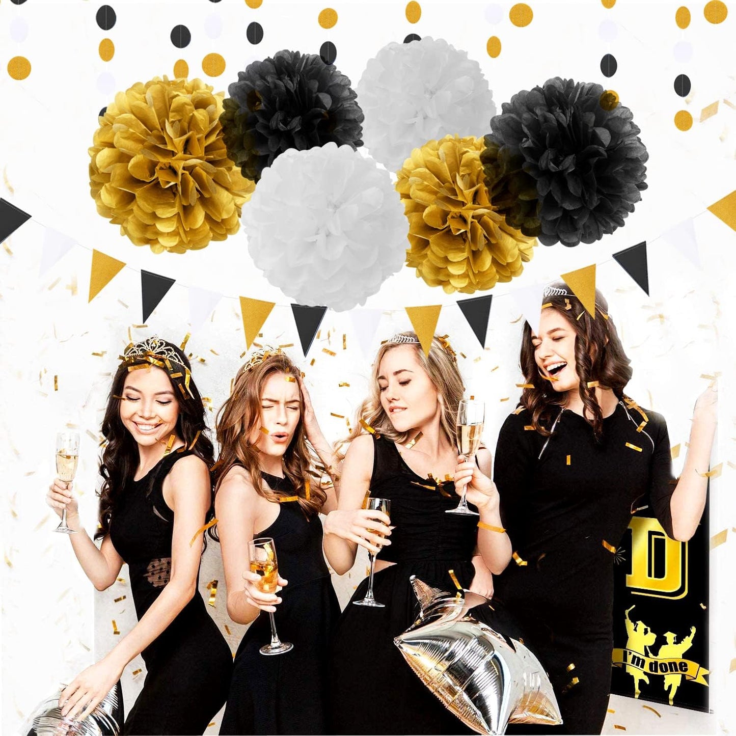 Black Gold Graduation Party Decorations - 23pcs Kits Farewell Tissue Pom Poms Flowers,Streamers Banner,Tassel Garland 50th Men Birthday Bachelorette Baby Shower Decoration Bunting Lasting Surprise