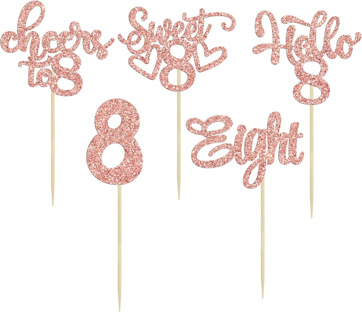 30Pcs 8th Birthday Cupcake Toppers Glitter Eight Hello 8 Cupcake Picks Cheers to 8 Years Old Cake Decorations for 8th Birthday Party Supplies Rose Gold