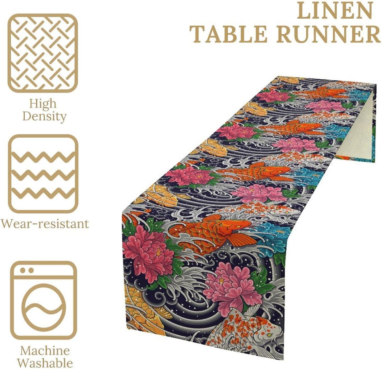 Japanese Retro Flowers Table Runner Oriental Tradition Kio Fish Art Printed Burlap Runner Home Kitchen Dining Table Living Room Decor Fabric 1 Panel W13xL60in