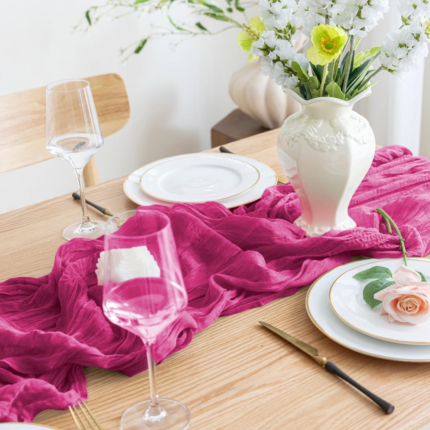 Asee'm 12pcs Cheesecloth Table Runner 120 Inches Long Fuchsia Boho Gauze Cheese Cloth Runner 10FT Rustic Sheer Table Runners for Christmas Wedding Party Baby Shower Spring Easter Decoration
