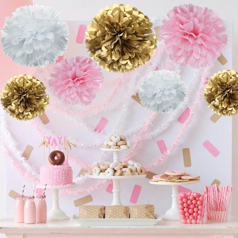MOWO Paper Flower Tissue Pom Poms Baby Shower Party Supplies (Gold,Pink,White,18pc)