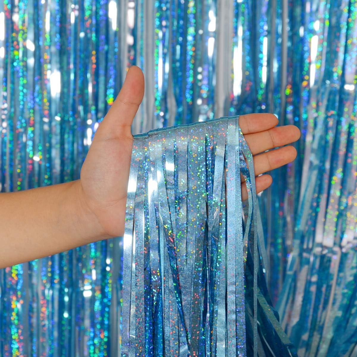 Melsan 2 Pack 3.2 ft x 8.2 ft Tinsel Foil Fringe Curtains Backdrop, Sparkle Metallic Foil Curtains for Party Photo Booth Props Baby Shower Memaid Decoration, Light Blue