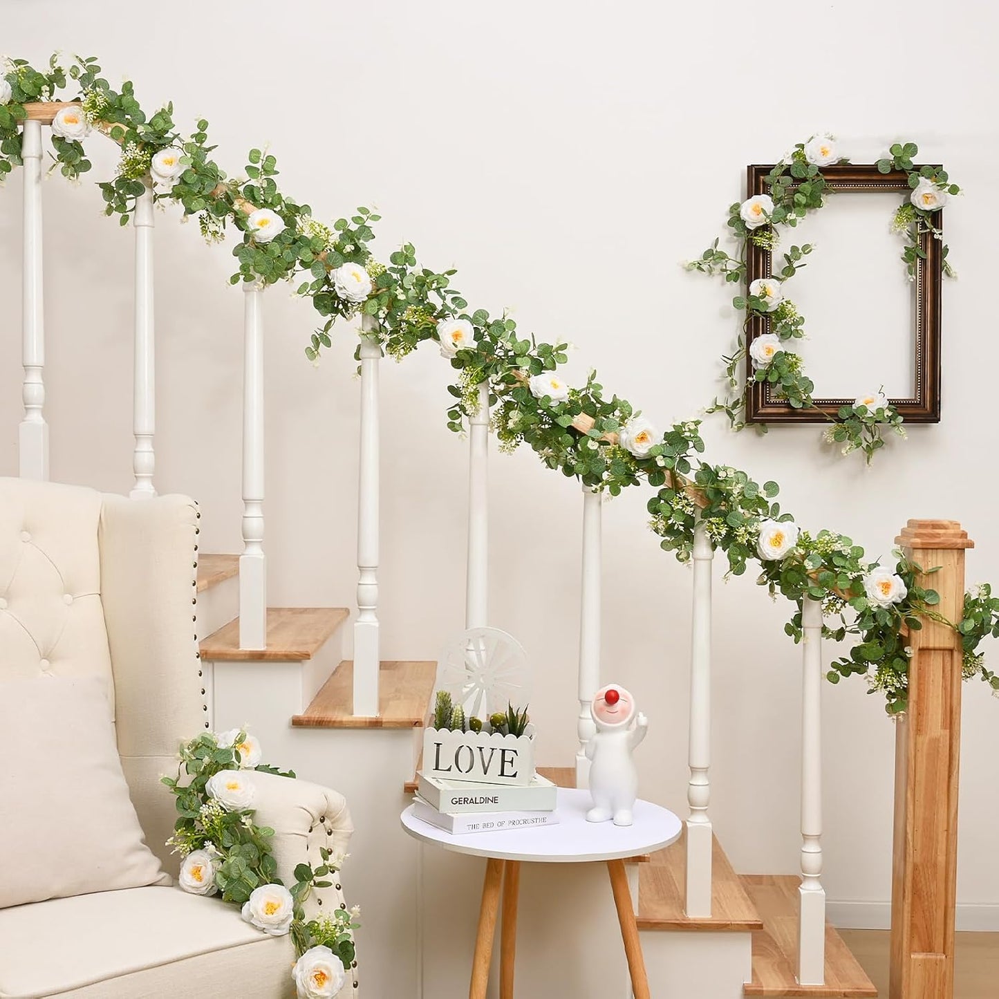 Dolicer 2Pcs 13Ft Artificial Eucalyptus Garlands with Flowers, Faux Floral Greenery Garlands Fake Flowers Vines for Wedding Table Centerpieces Arch Party Ceremony Backdrop Decor (White)