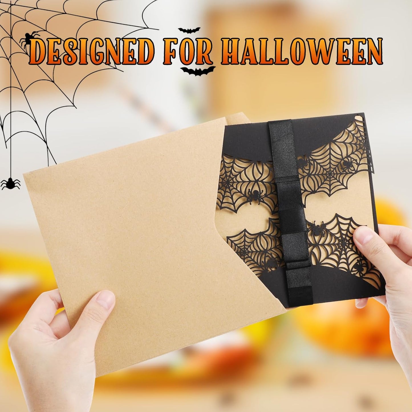 Halloween Party Invitations Cards, 10 Pcs Laser Cut Spider Web Design with Bowknots and Envelopes, Black and White