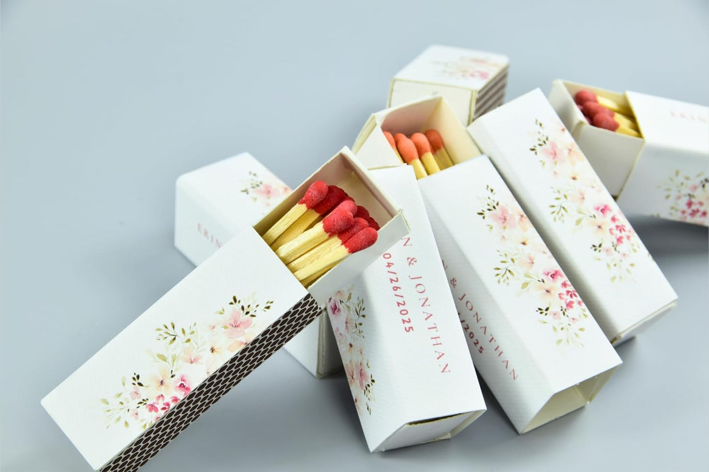 10 Boxes - Customized Matchboxes Colorful Tips (Wedding Design #5, 4" Matchboxes) (2" Matchsticks, Wedding Design #1)