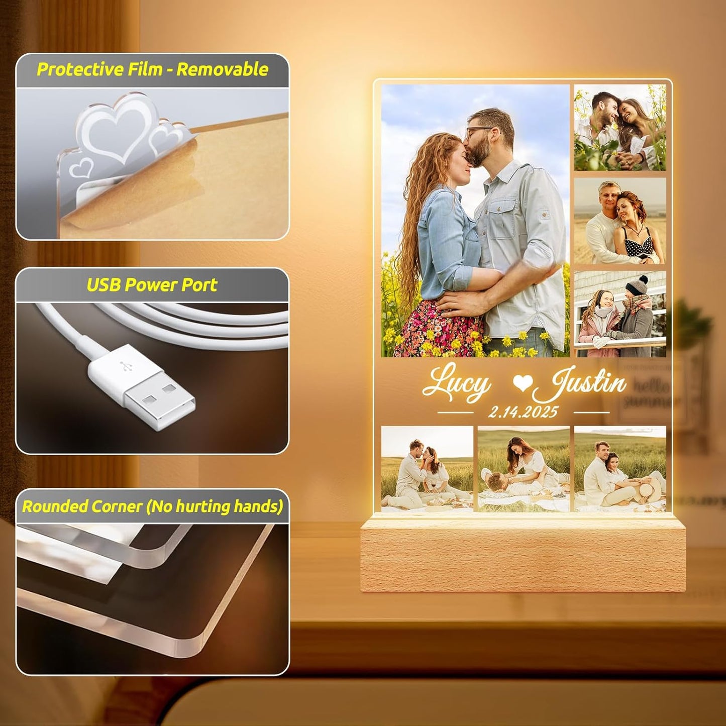 Personalized Anniversary Birthday Gifts for Women and Men, Custom Picture Frames with Photos, Personalized Photo Frame with Night Light, Customized Couple Gifts for Him Her Boyfriend Girlfriend