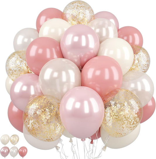 Pink and Gold Balloons, 50Pcs 12 Inch Retro Blush Pink Cream White Double Stuffed-pink Metallic Gold Confetti Boho Ballon for Birthday Bridal Shower Wedding Party Decorations
